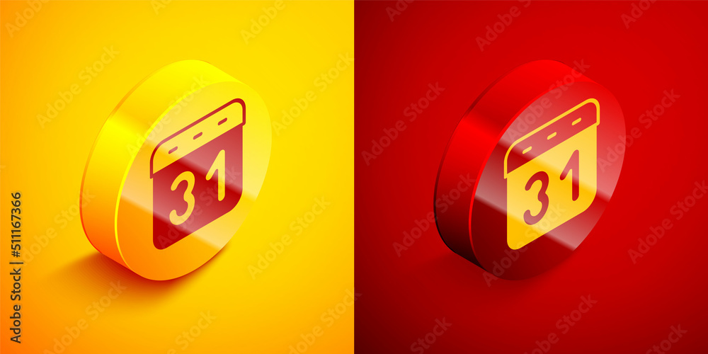 Isometric Calendar icon isolated on orange and red background. Event reminder symbol. Circle button. Vector Isometric Calendar icon isolated on orange and red background. Event reminder symbol. Circle button. Vector