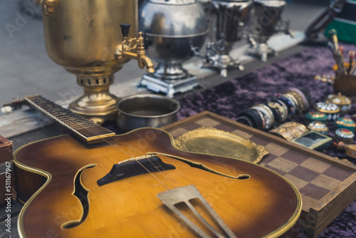antiques and old retro things displayed on the local street market, Tbilisi, Georgia. High quality photo