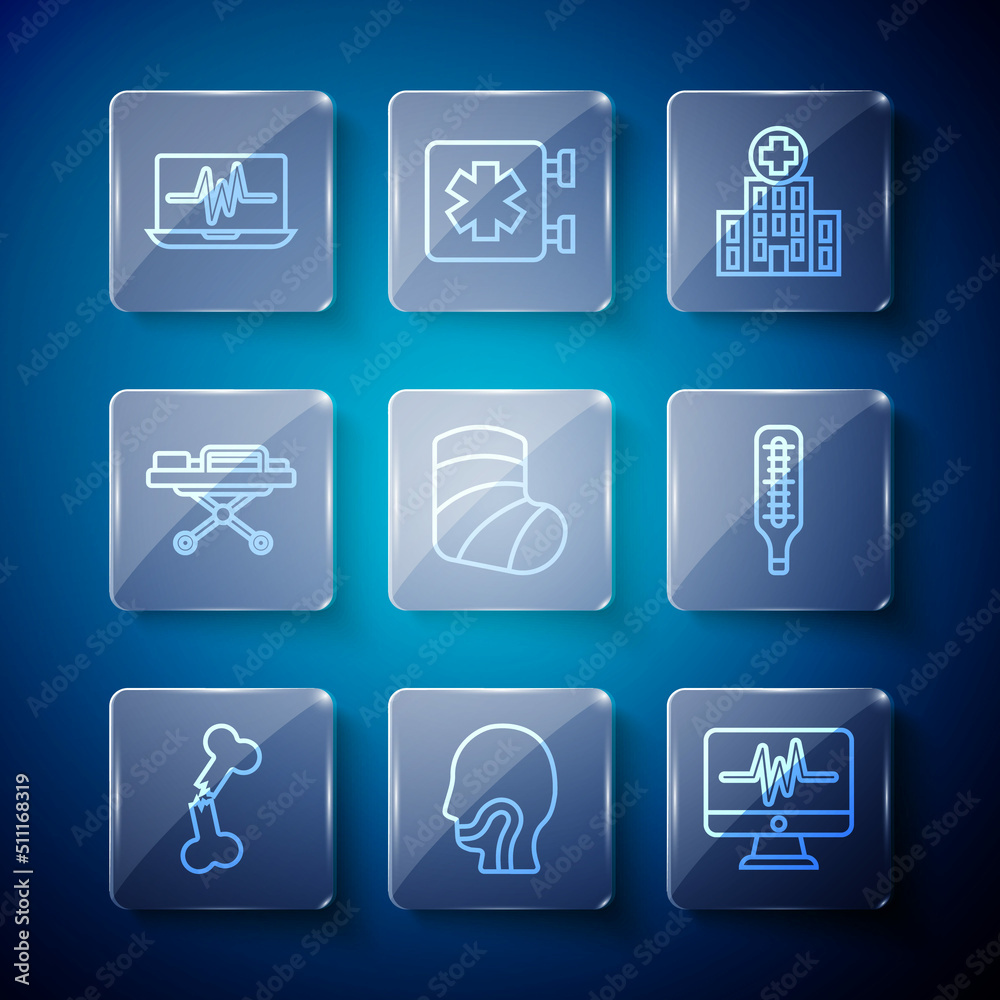 Set line Human broken bone, Sore throat, Monitor with cardiogram, Medical hospital building, Gypsum, Stretcher, Laptop and thermometer icon. Vector Set line Human broken bone, Sore throat, Monitor with cardiogram, Medical hospital building, Gypsum, Stretcher, Laptop and thermometer icon. Vector