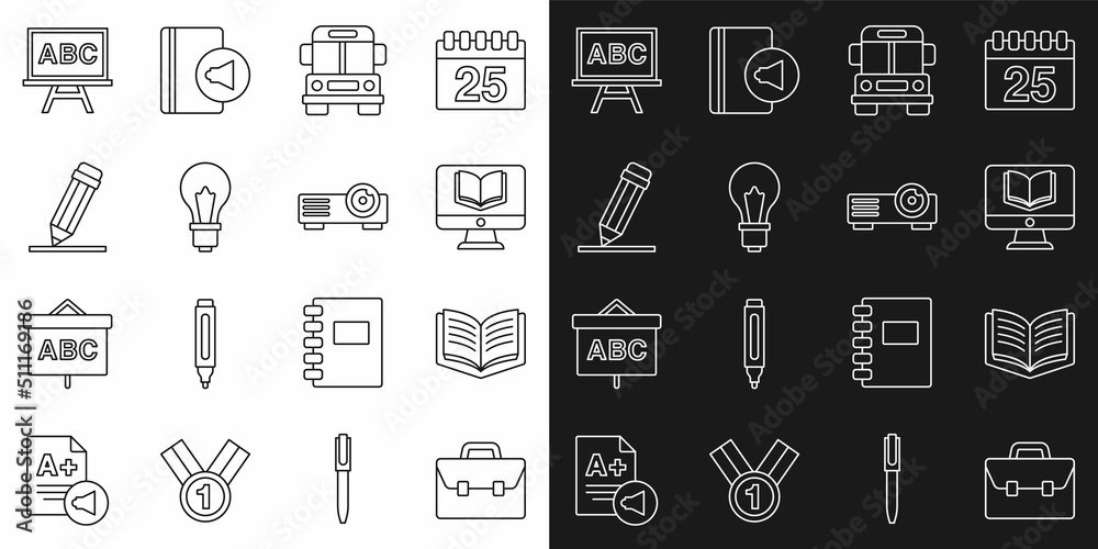 Set line Briefcase, Open book, Online class, School Bus, Light bulb with idea, Pencil eraser, Chalkboard and Movie, film, media projector icon. Vector