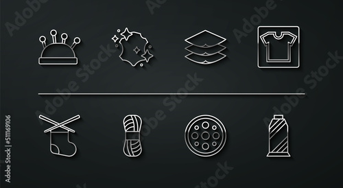 Set line Needle bed and needles, Knitting, Sewing pattern, button, Yarn, Leather, thread spool and Layers clothing textile icon. Vector