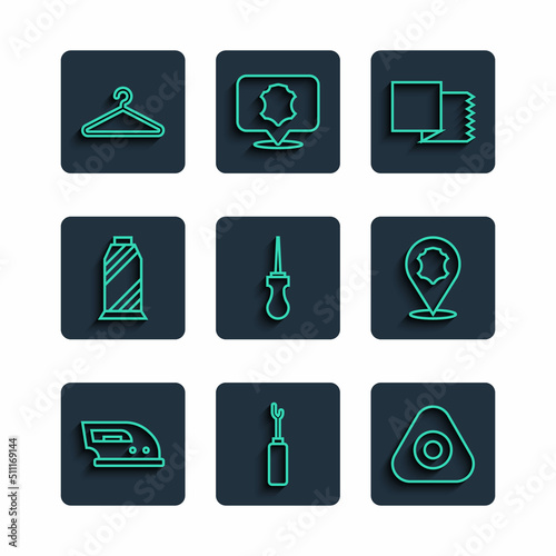 Set line Electric iron, Awl tool, Sewing chalk, Textile fabric roll, thread spool, Hanger wardrobe and Leather icon. Vector