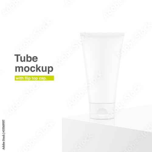 Blank tube with flip top cap mockup. Front view on podium. Vector illustration isolated on white background. Can be use for your design, advertising, promo and etc. Symmetrical lighting scheme.	 