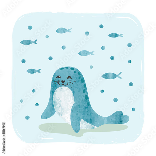 Сute watercolor seal animal...