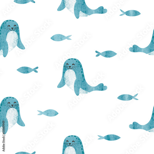 Seamless pattern with cute watercolor seal animal and fish.