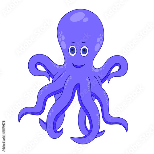Cute cartoon smiling purple octopus on a white isolated background, Print for shirt, children room decor