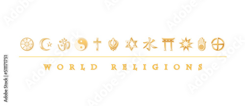 Foto World Religions Banner, Gold Symbols, icons of 12  world faiths on white backgro