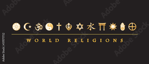 Print op canvas World Religions Banner, Gold Symbols, icons of  12 world faiths on black backgro