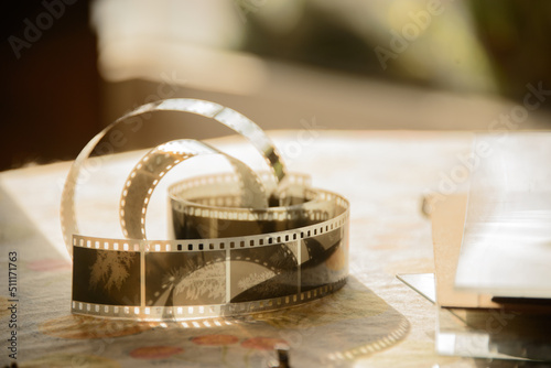 close up of a film in the afternoon golden hour on a table