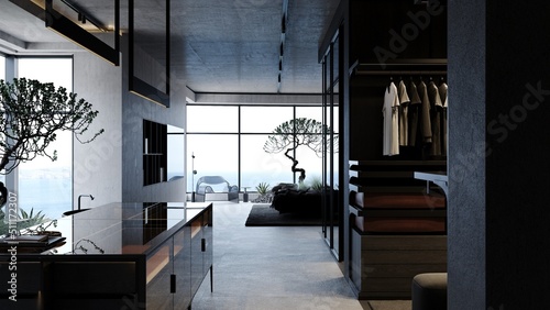 Loft industrial bedroom interior design 3d rendering with concrete walls, large bonsai tree and sea view