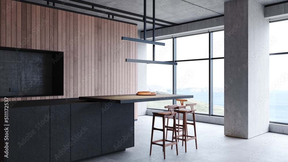 Loft industrial kitchen interior design 3d rendering with dining chairs ...