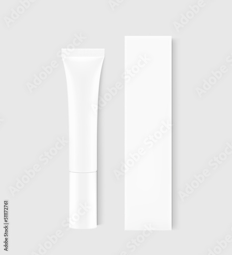 Blank plastic tube mockup with box. Vector illustration. Can be use for your design, advertising, promo and etc. EPS10.