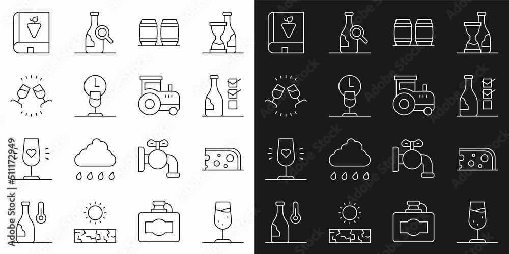 Set line Wine glass, Cheese, Bottle of wine, Wooden barrel for, time, tasting, degustation, Book about grapes and Tractor icon. Vector Set line Wine glass, Cheese, Bottle of wine, Wooden barrel for, time, tasting, degustation, Book about grapes and Tractor icon. Vector