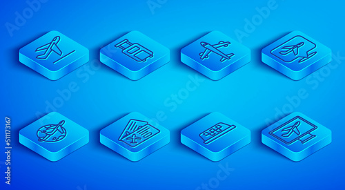 Set line Plane takeoff, Suitcase, Airline ticket, Taxi car roof, Globe with flying plane and icon. Vector