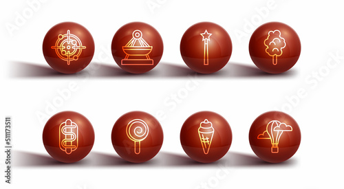 Set line Target sport, Hotdog sandwich, Cotton candy, Ice cream in waffle cone, Lollipop, Boat swing, air balloon and Magic wand icon. Vector