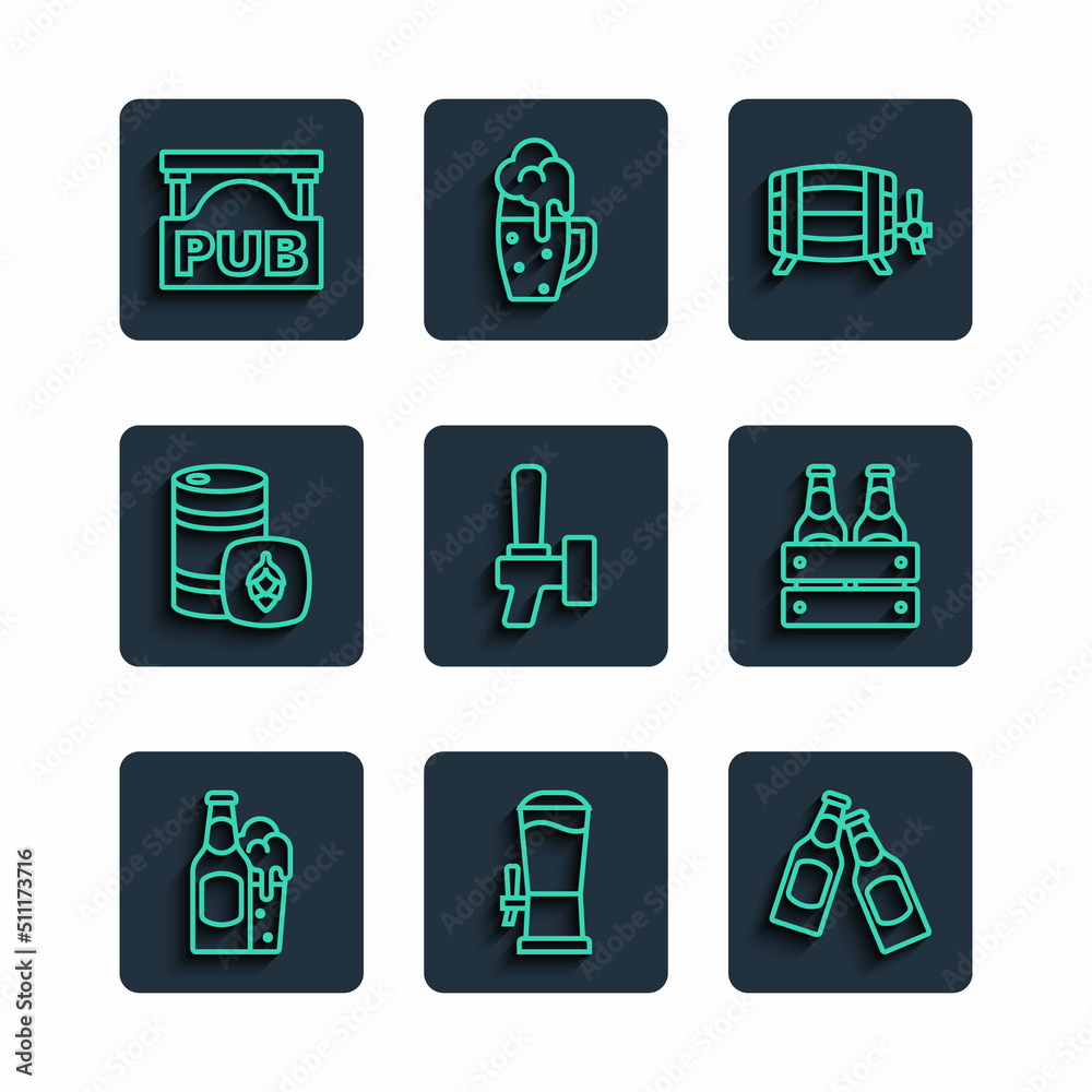 Set line Beer bottle and glass, tap, Wooden barrel, Metal beer keg, Street signboard with Pub and Pack of bottles icon. Vector Set line Beer bottle and glass, tap, Wooden barrel, Metal beer keg, Street signboard with Pub and Pack of bottles icon. Vector
