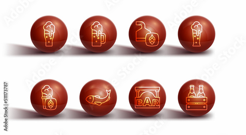 Set line Glass of beer, Street signboard with Bar, Dried fish, Wooden mug, Pack bottles and Beer brewing process icon. Vector