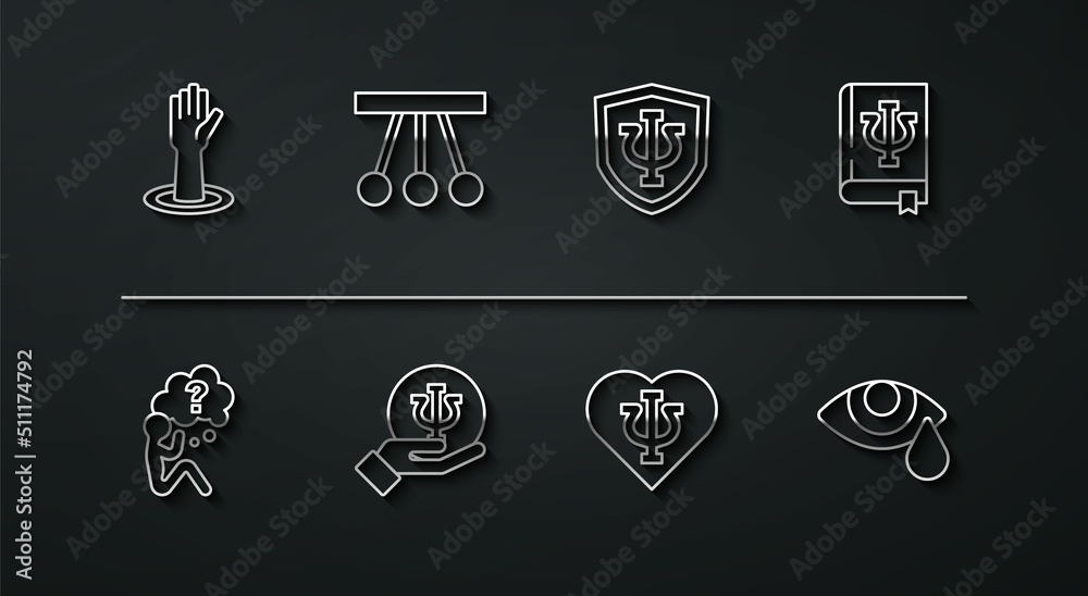 Set line Helping hand, Head with question mark, Psychology book, Psi, Psychology,, Pendulum, Tear cry eye and icon. Vector Set line Helping hand, Head with question mark, Psychology book, Psi, Psychology,, Pendulum, Tear cry eye and icon. Vector