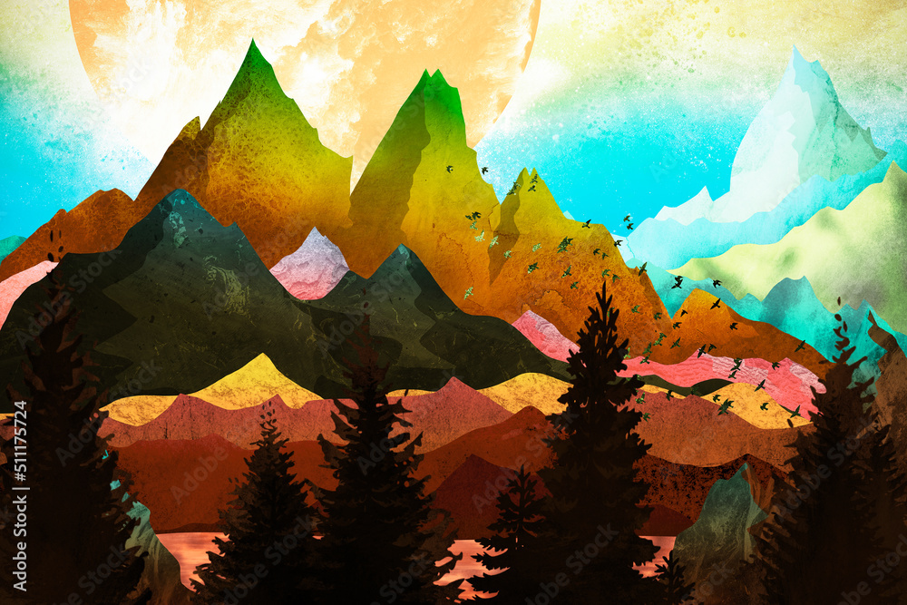 Fantasy mountains by the night tones