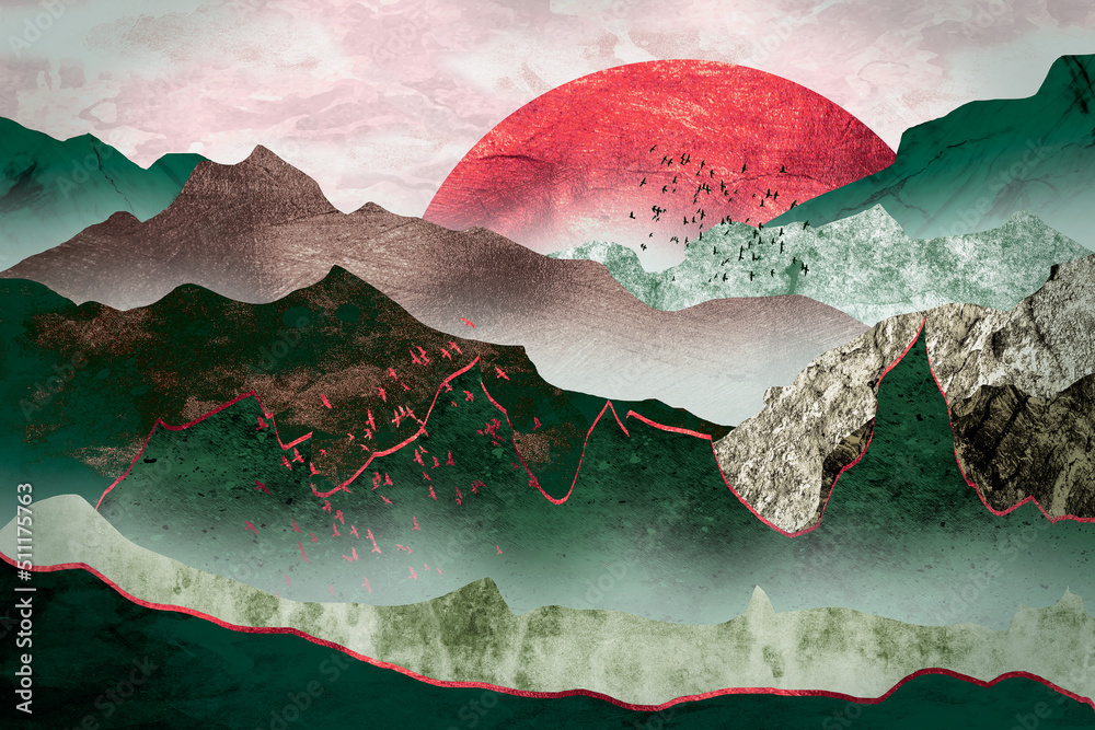The green mountains by the red moon