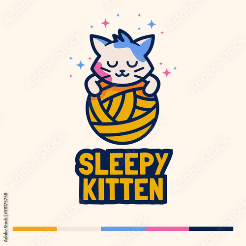 cute cat sleep with ball mascot logo concept