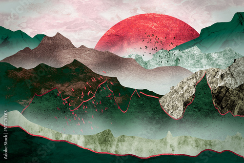 The green mountains by the red moon