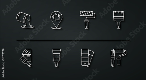 Set line Paint bucket, Car painting, brush, Color palette guide, Tube with, spray, roller and icon. Vector
