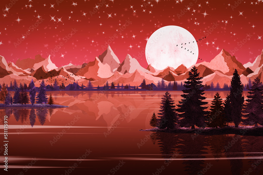 Red moonlight over the river and mountains