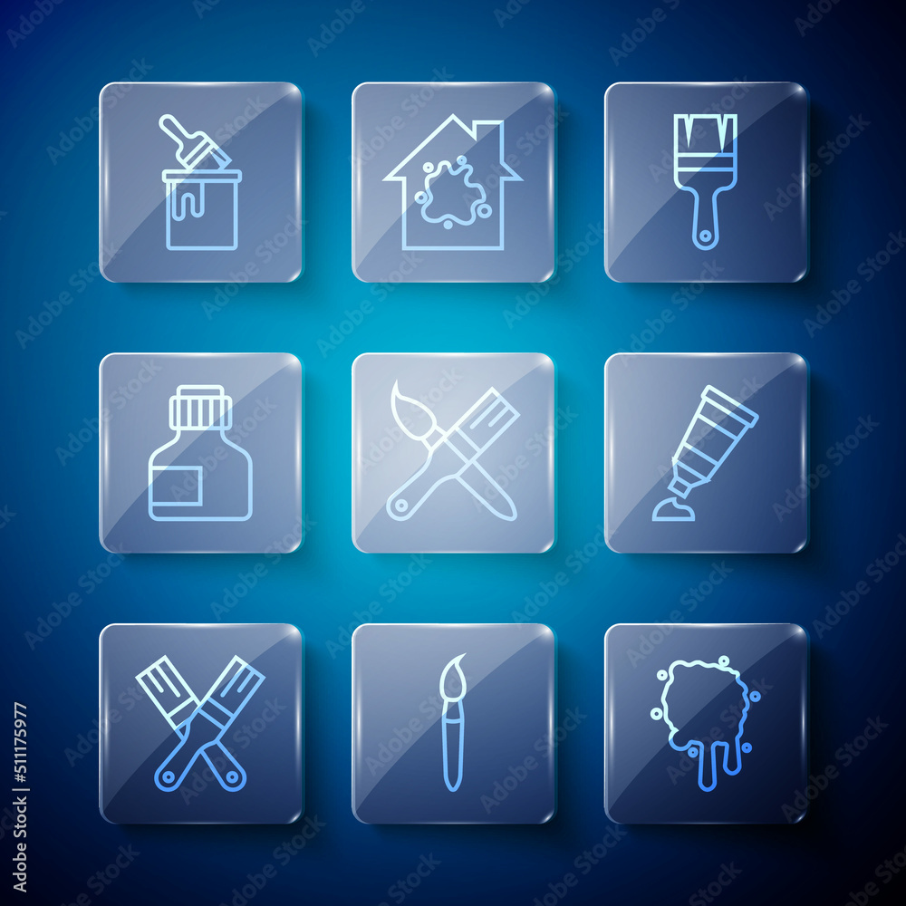 Set line Paint brush, spray, Paint, gouache, jar, dye, bucket with and Tube paint palette icon. Vector Set line Paint brush, spray, Paint, gouache, jar, dye, bucket with and Tube paint palette icon. Vector