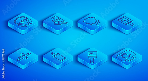 Set line Gas mask, Car painting, Paint spray, can, brush, Spray nozzle cap, gun and icon. Vector