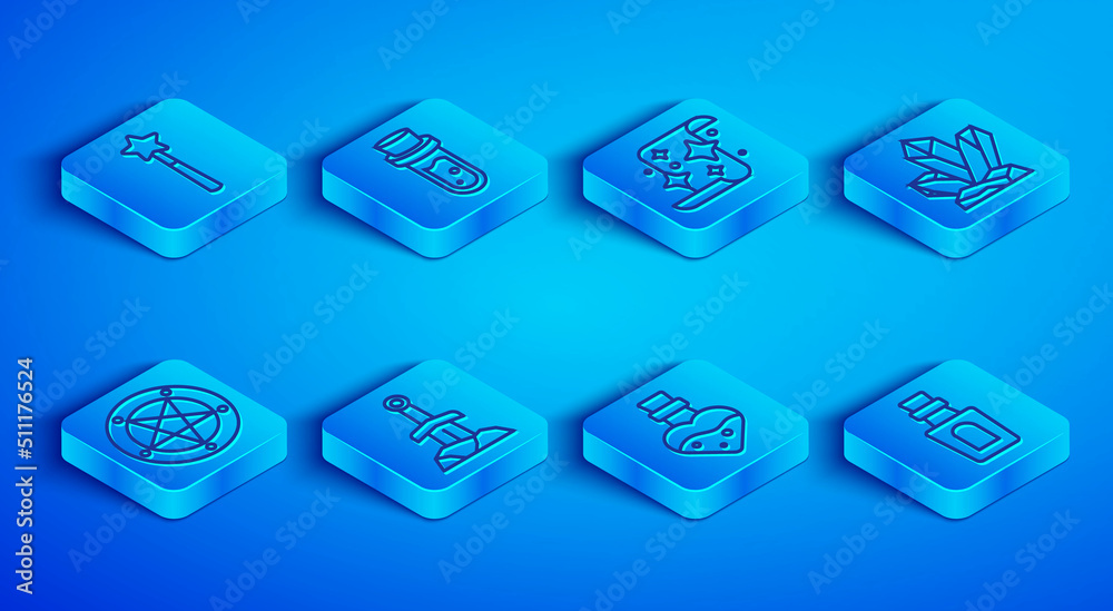 Set line Magic wand, Bottle with potion, scroll, Sword in the stone, Pentagram circle and icon. Vector Set line Magic wand, Bottle with potion, scroll, Sword in the stone, Pentagram circle and icon. Vector