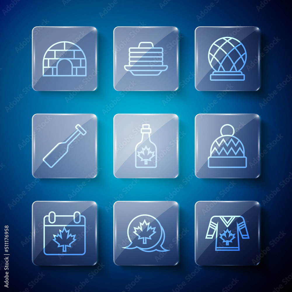 Set line Canada day with maple leaf, Canadian, Hockey jersey, Montreal Biosphere, Bottle of syrup, Paddle, Igloo ice house and Beanie hat icon. Vector Set line Canada day with maple leaf, Canadian, Hockey jersey, Montreal Biosphere, Bottle of syrup, Paddle, Igloo ice house and Beanie hat icon. Vector