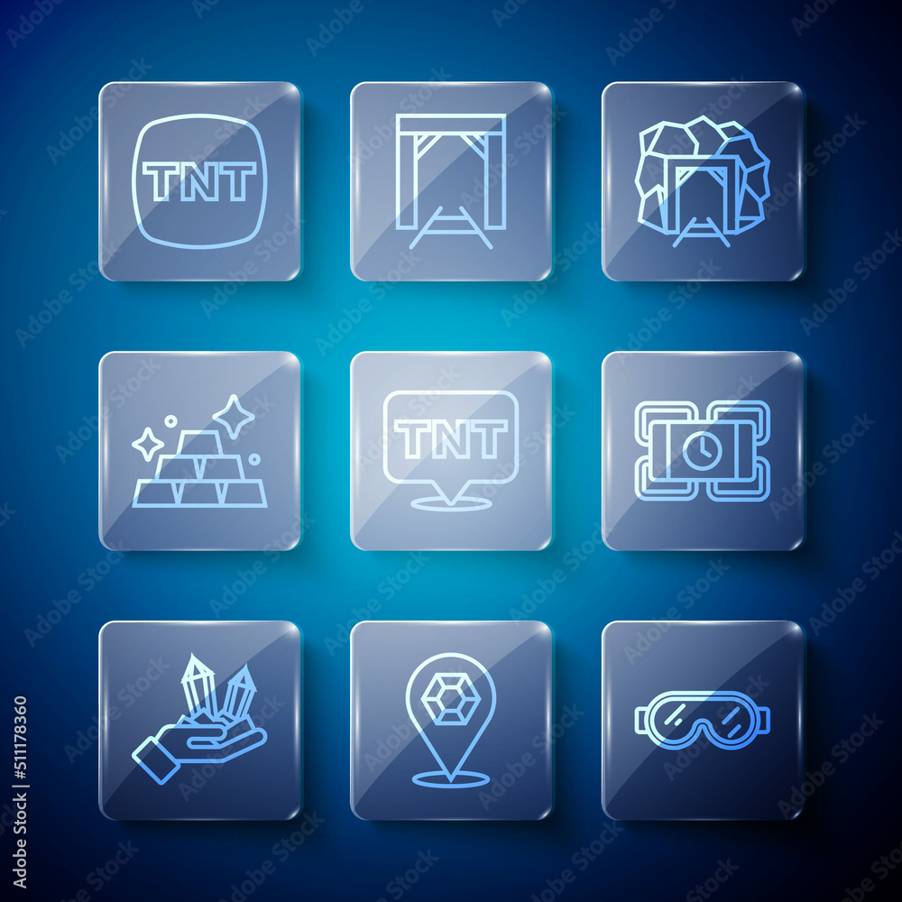 Set line Gem stone, Safety goggle glasses, Mine entrance, Dynamite, Gold bars, and icon. Vector Set line Gem stone, Safety goggle glasses, Mine entrance, Dynamite, Gold bars, and icon. Vector