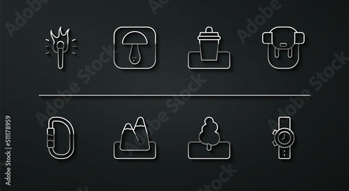 Set line Torch flame, Carabiner, Hiking backpack, Tree, Mountains, Mushroom, Wrist watch and Trash can icon. Vector