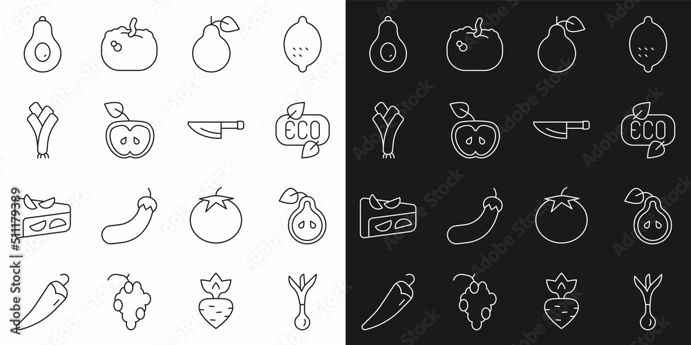 Set line Onion, Pear, Leaf Eco symbol, Apple, Leek, Avocado and Knife icon. Vector Set line Onion, Pear, Leaf Eco symbol, Apple, Leek, Avocado and Knife icon. Vector