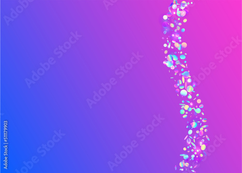 Falling Tinsel. Fiesta Foil. Surreal Art. Carnival Glitter. Retro Vaporwave Sunlight. Disco Prism. Kaleidoscope Effect. Pink Metal Background. Blue Falling Tinsel