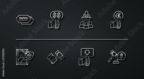 Set line Bid, Auction painting, Hand holding auction paddle, hammer, price and auctioneer sells icon. Vector