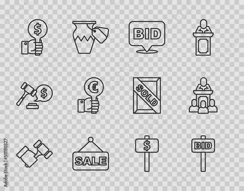 Set line Auction hammer, Hand holding auction paddle, Bid, Price tag with Sale, and auctioneer sells icon. Vector