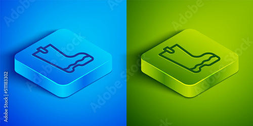 Isometric line Waterproof rubber boot icon isolated on blue and green background. Gumboots for rainy weather, fishing, gardening. Square button. Vector