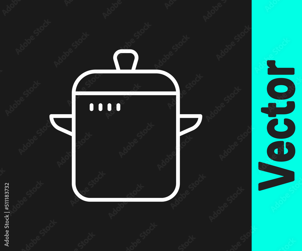 White line Cooking pot icon isolated on black background. Boil or stew food symbol. Vector White line Cooking pot icon isolated on black background. Boil or stew food symbol. Vector