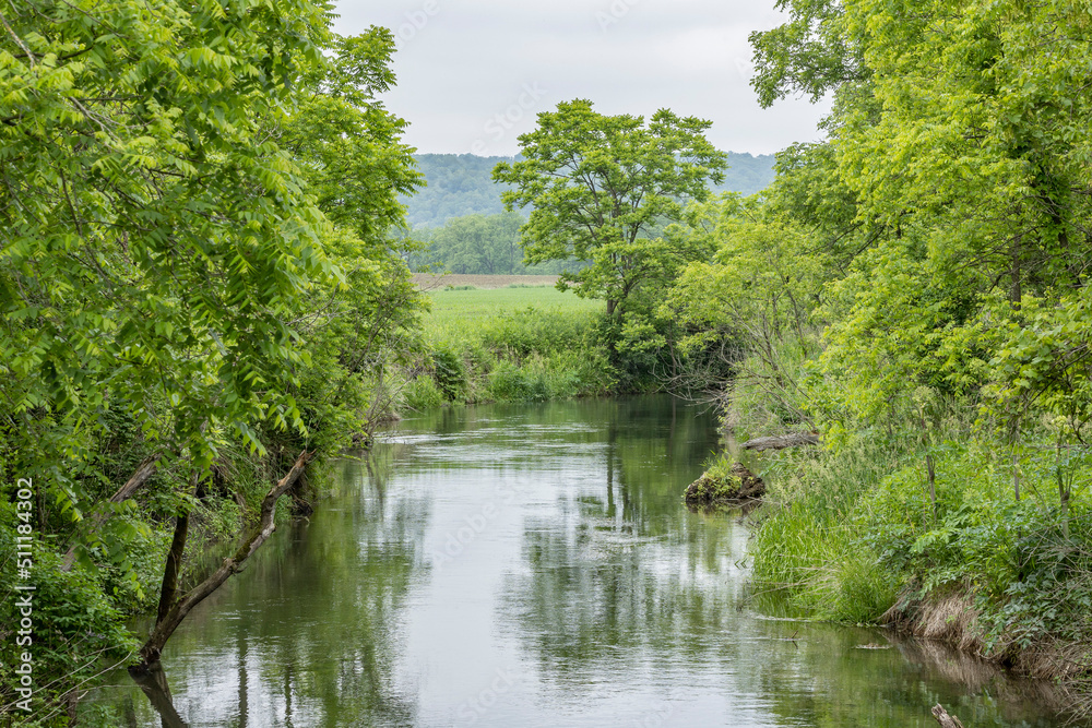 A river running through farm country with trees on the banks and a wooded hill in the background in the summer. A river running through farm country with trees on the banks and a wooded hill in the background in the summer.