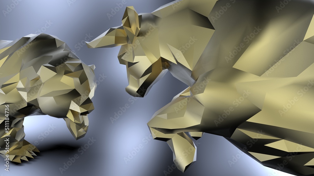 Fototapeta premium Gold low-poly bull and bear sculpture staring at each other in dramatic contrasting light representing financial market trends under black-white background. Concept images of stock market. 3D CG.