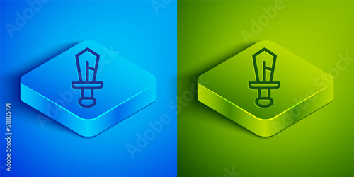 Isometric line Medieval sword icon isolated on blue and green background. Medieval weapon. Square button. Vector