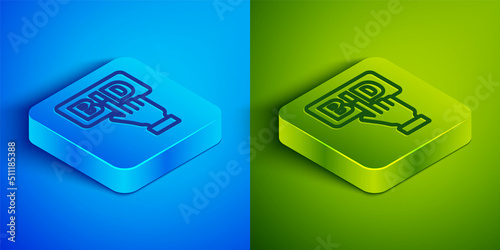 Isometric line Bid icon isolated on blue and green background. Auction bidding. Sale and buyers. Square button. Vector