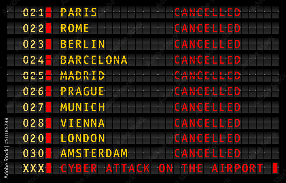 Fototapeta premium airport information display with cyber attack warning message, cancelled and delayed flights, vector illustration