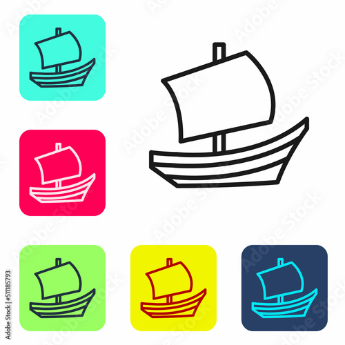 Black line Egyptian ship icon isolated on white background. Egyptian papyrus boat. Set icons in color square buttons. Vector