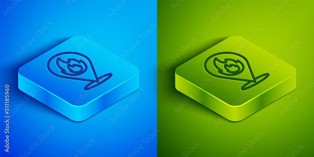 Isometric line Map pointer with fire flame icon isolated on blue and green background. Fire nearby. Square button. Vector Isometric line Map pointer with fire flame icon isolated on blue and green background. Fire nearby. Square button. Vector
