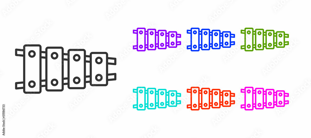 Black line Xylophone - musical instrument with thirteen wooden bars and two percussion mallets icon isolated on white background. Set icons colorful. Vector Black line Xylophone - musical instrument with thirteen wooden bars and two percussion mallets icon isolated on white background. Set icons colorful. Vector