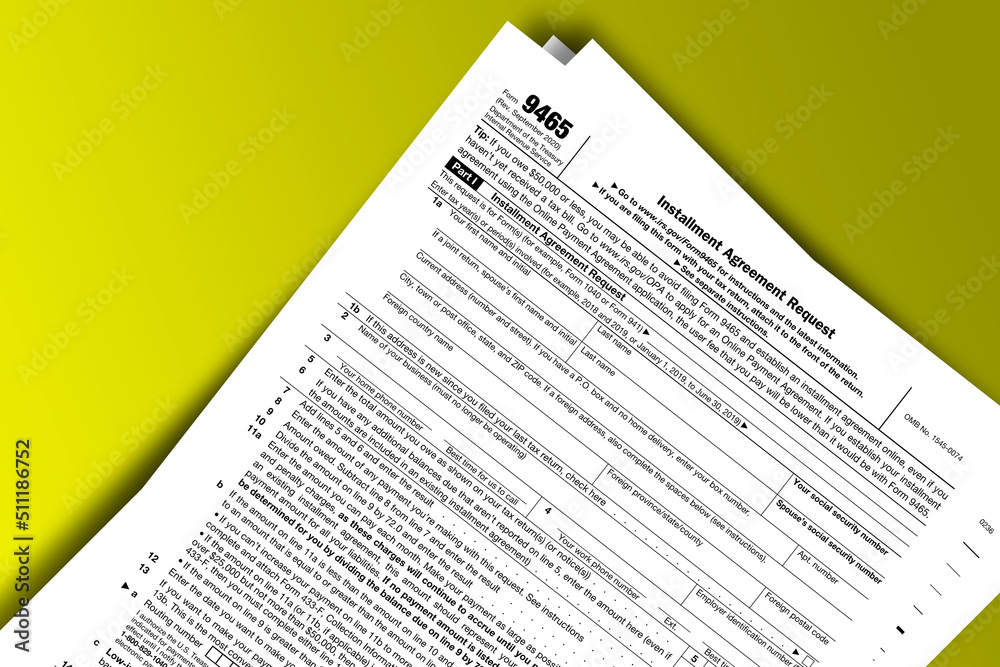 Form 9465 documentation published IRS USA 44022. American tax document on colored Form 9465 documentation published IRS USA 44022. American tax document on colored