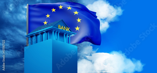 European Central Bank. Bank building and European Union flag. Managing financial institution Euro. Concept of financial decisions of European Central Bank. ECB building on sky background. 3d image. photo